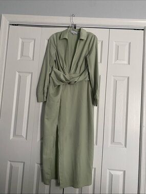 Collared Sage Wrap-Front Long Sleeve Maxi Dress